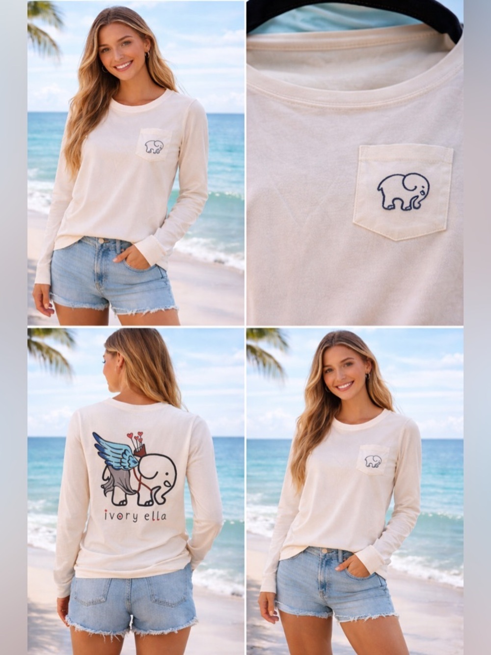 Ivory Ella Long Sleeve Tee Elephant Graphic Beachy Vibes Size S